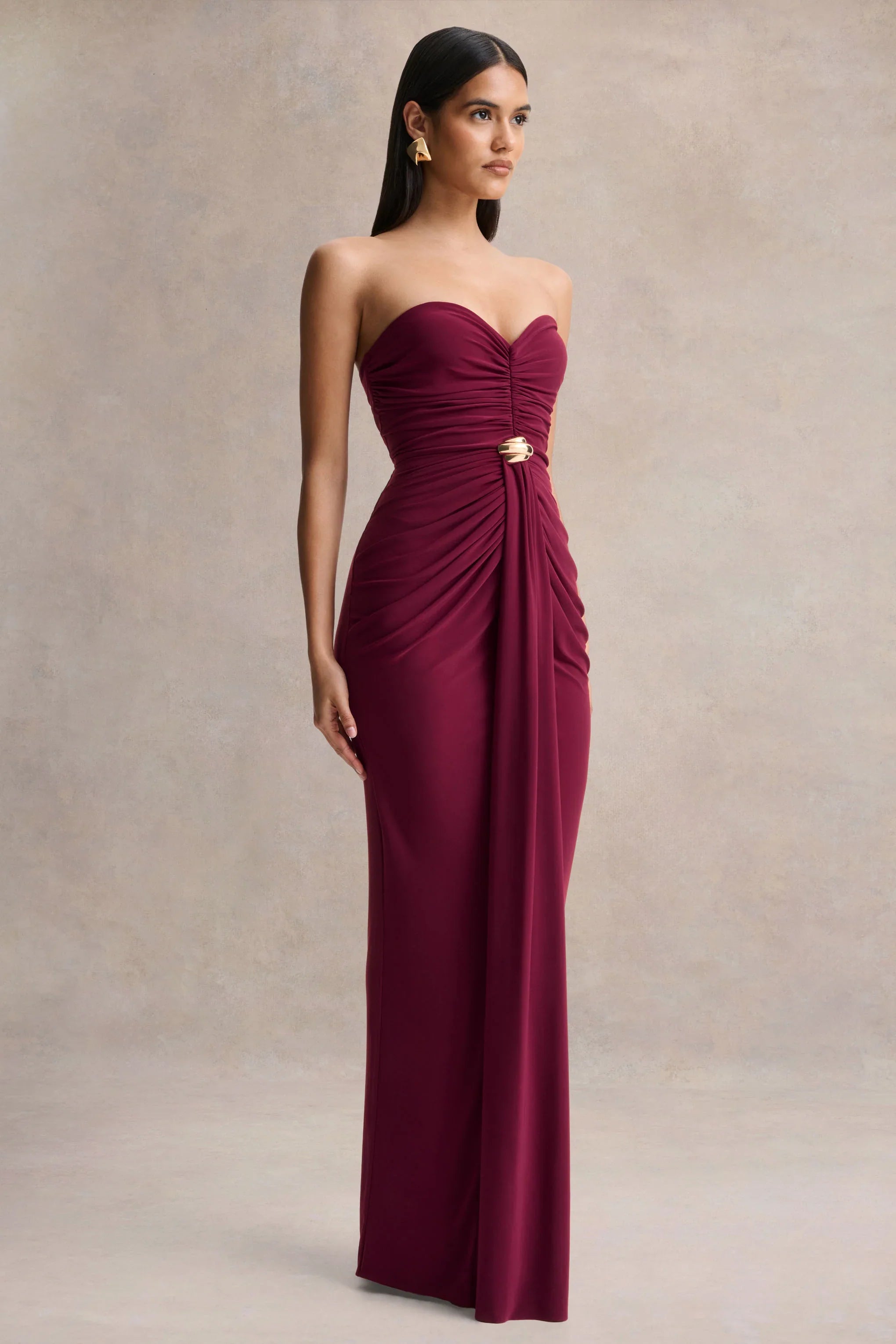 Beverly Burgundy Bandeau Maxi Dress With Gathered Detailing
