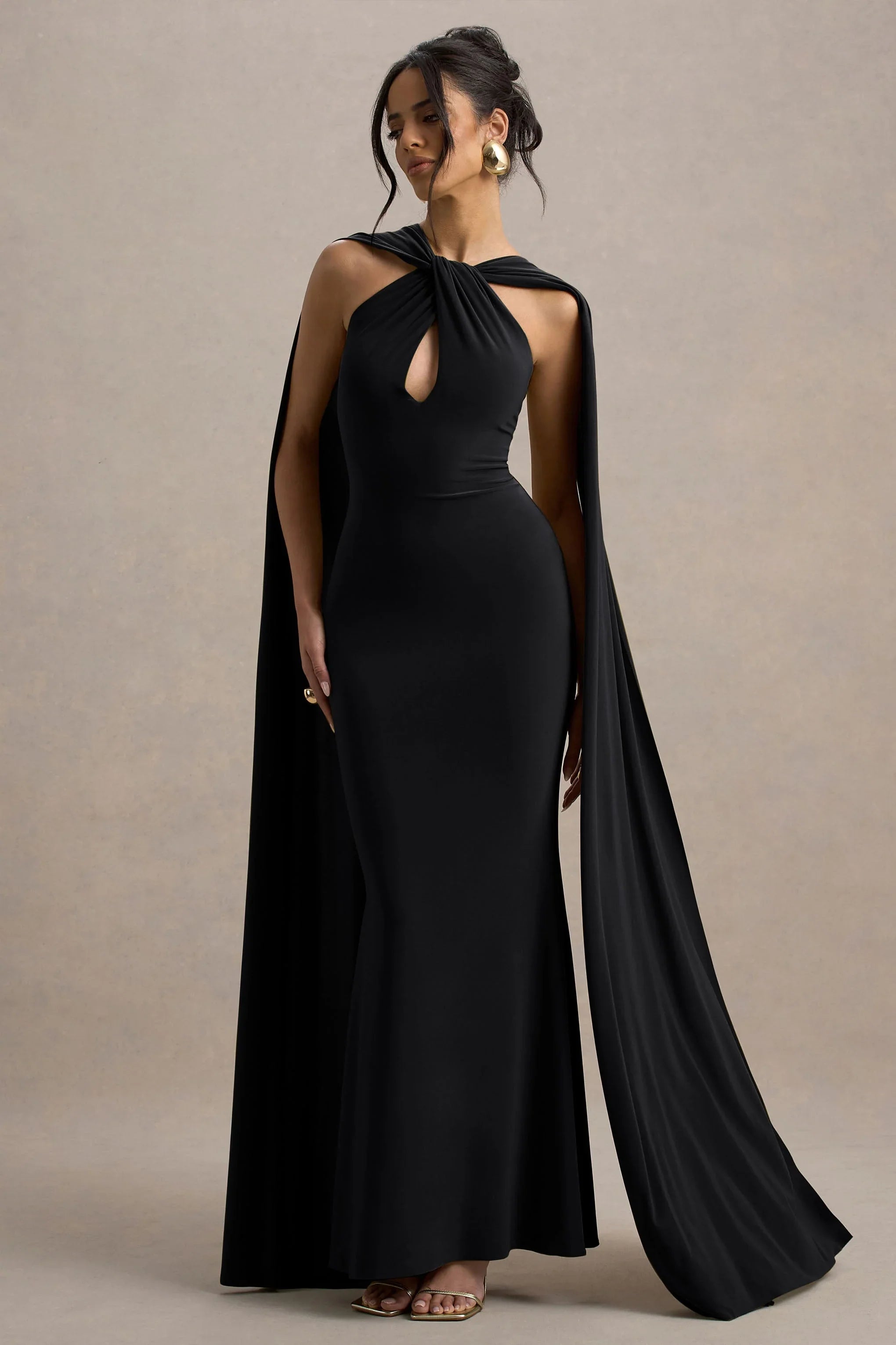 Rhoda Black Twist Halter Neck Cape Maxi Dress