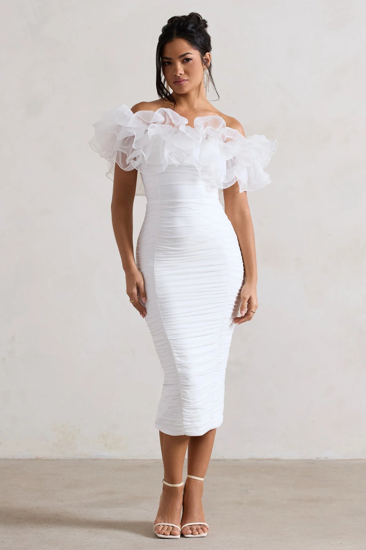 Ladylike White Ruched Bardot Midi Dress With Organza Trim