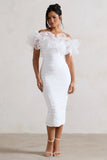 Ladylike White Ruched Bardot Midi Dress With Organza Trim