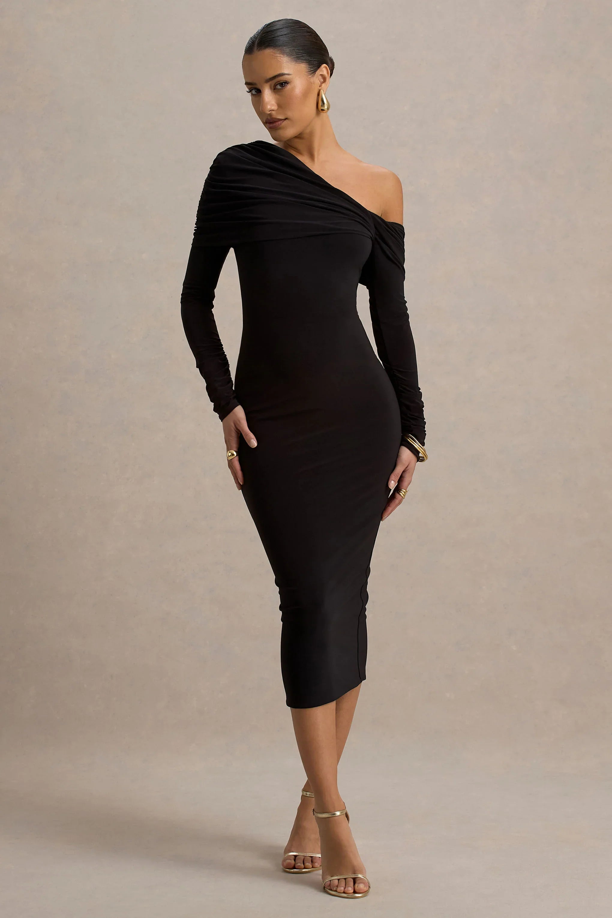 Cleo Black Bodycon Midi Dress With Mesh Sleeves