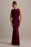 Rae Burgundy Maxi Dress With One Sleeve Cape
