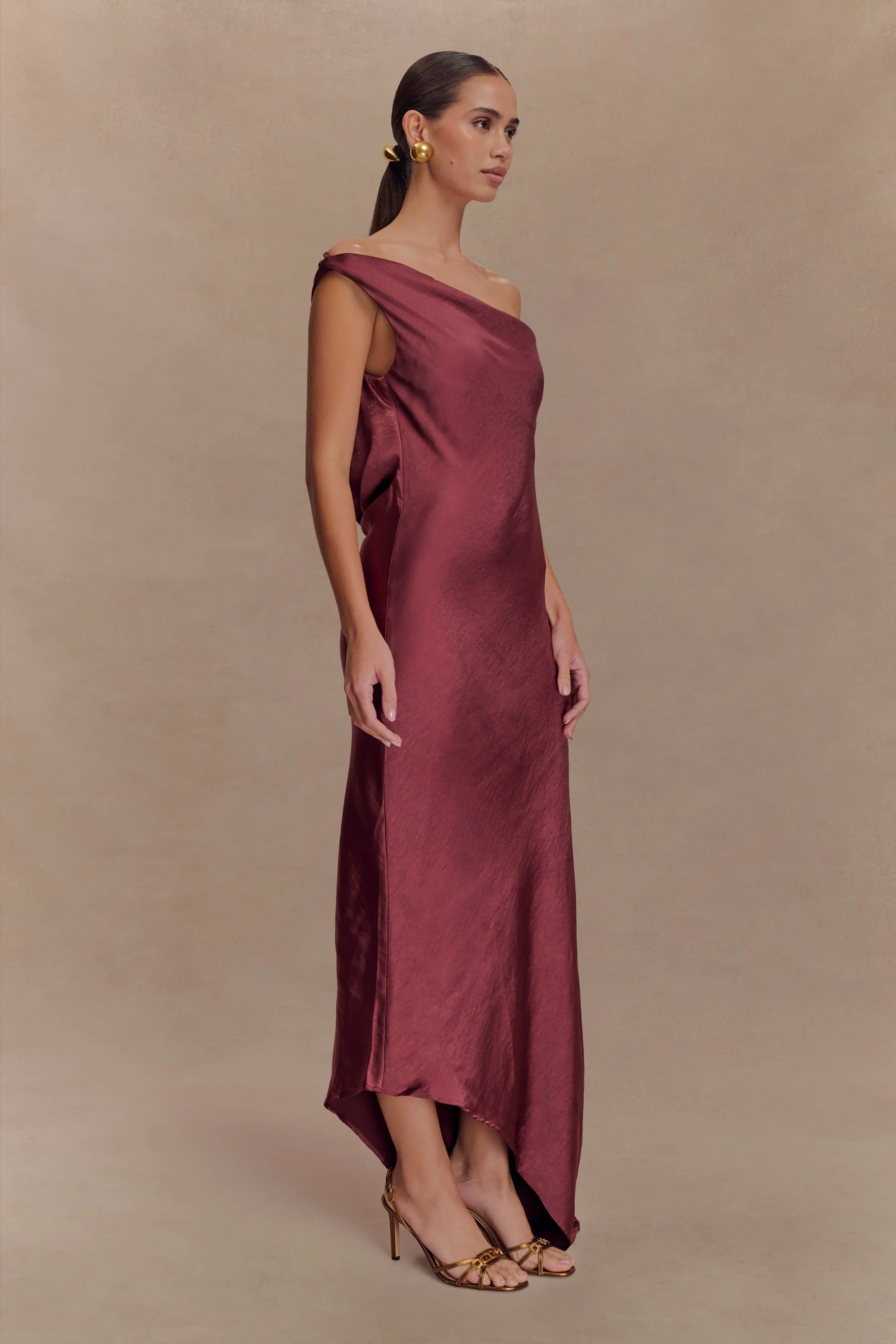 Yvette Slip Maxi Dress With Asymmetrical Hem Brown Cherry