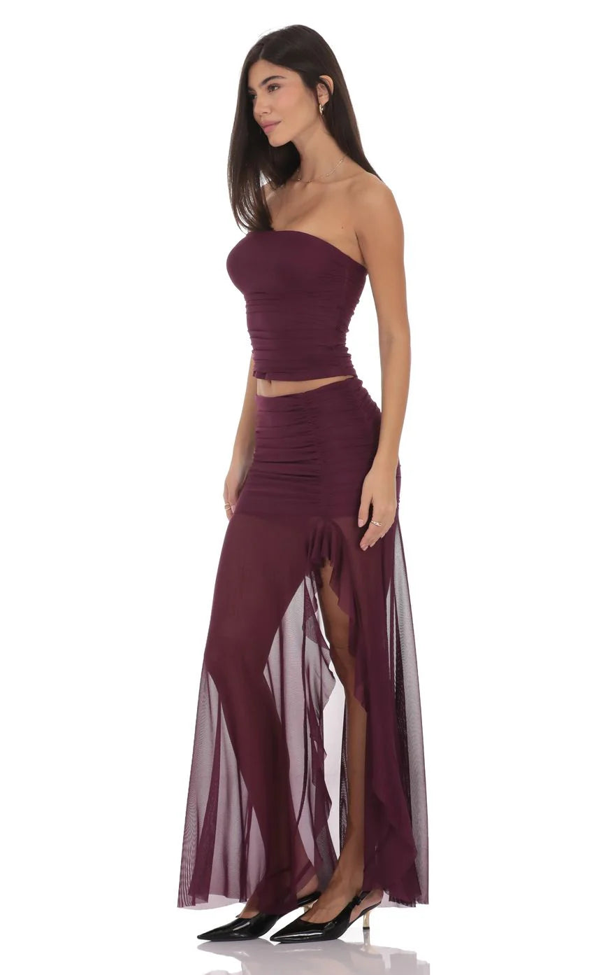 Mesh Fishtail Maxi Skirt in Plum