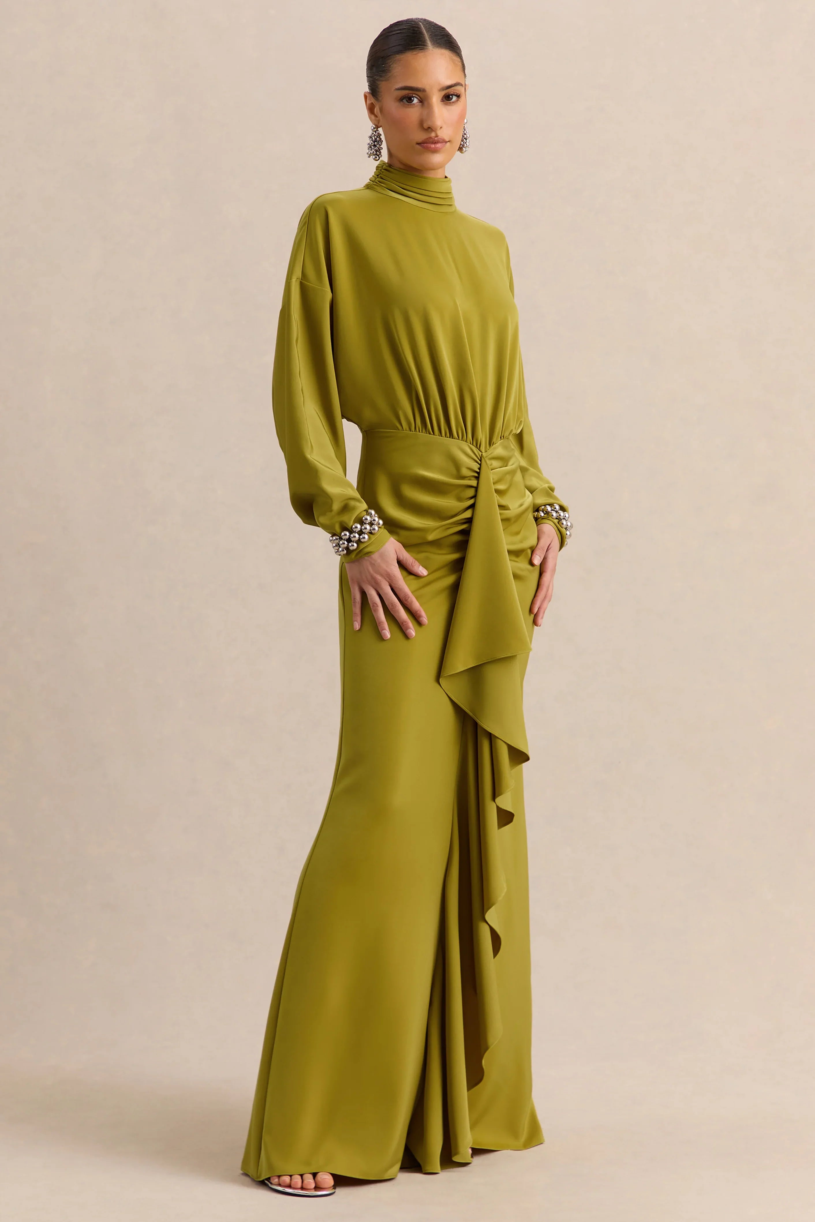 Perla Olive High Neck Maxi Dress With Gathered Detailing