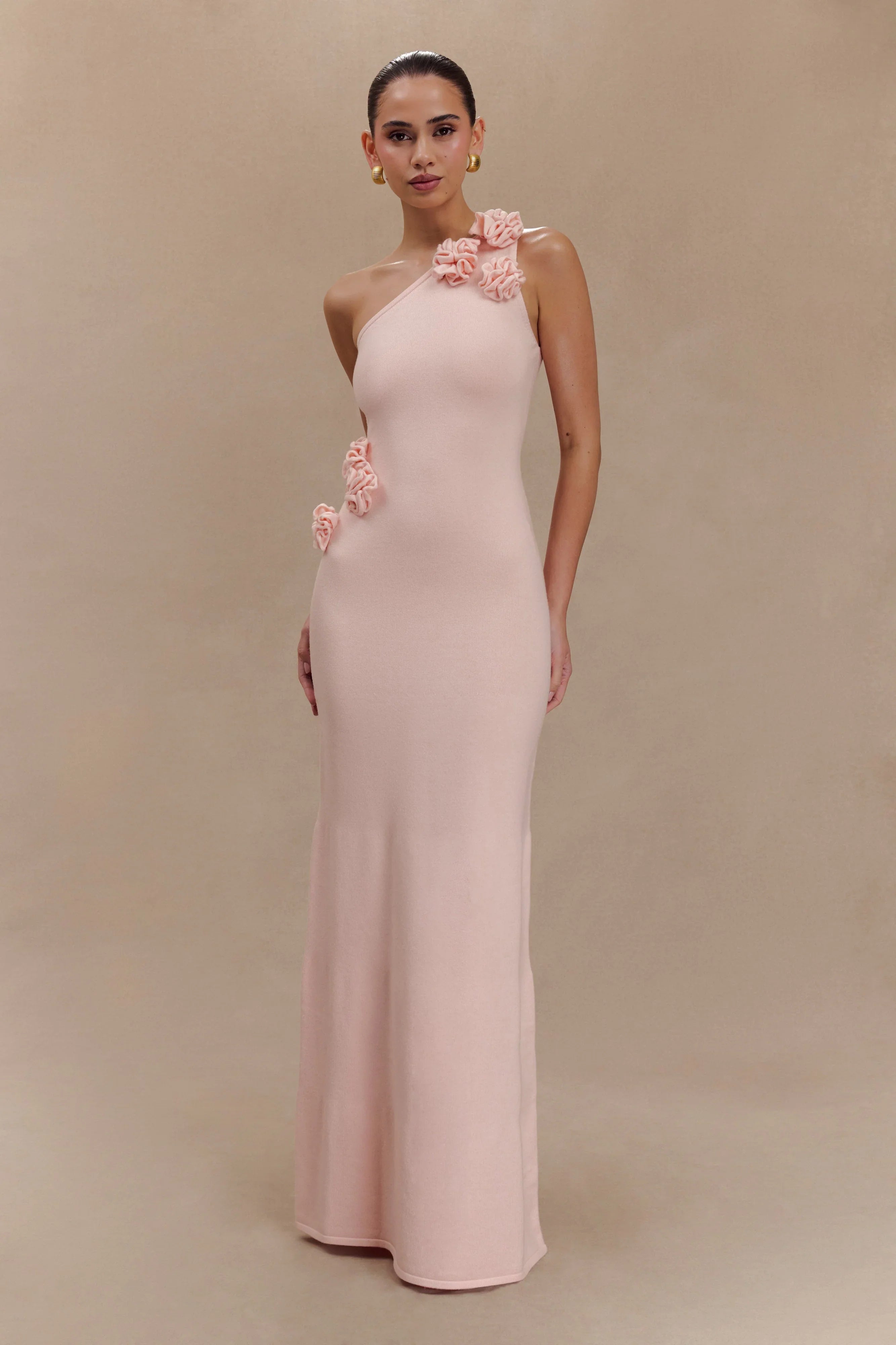 Paloma One Shoulder Knit Maxi Dress With Flowers Baby Pink