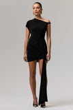 Marci Black Asymmetric Ruched Mini Dress With Sash
