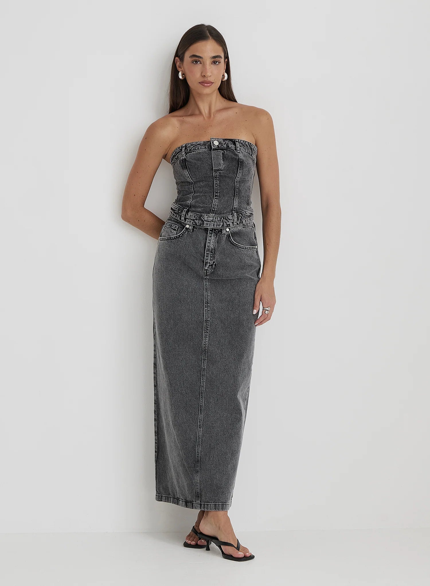 Washed Grey Denim Midaxi Skirt