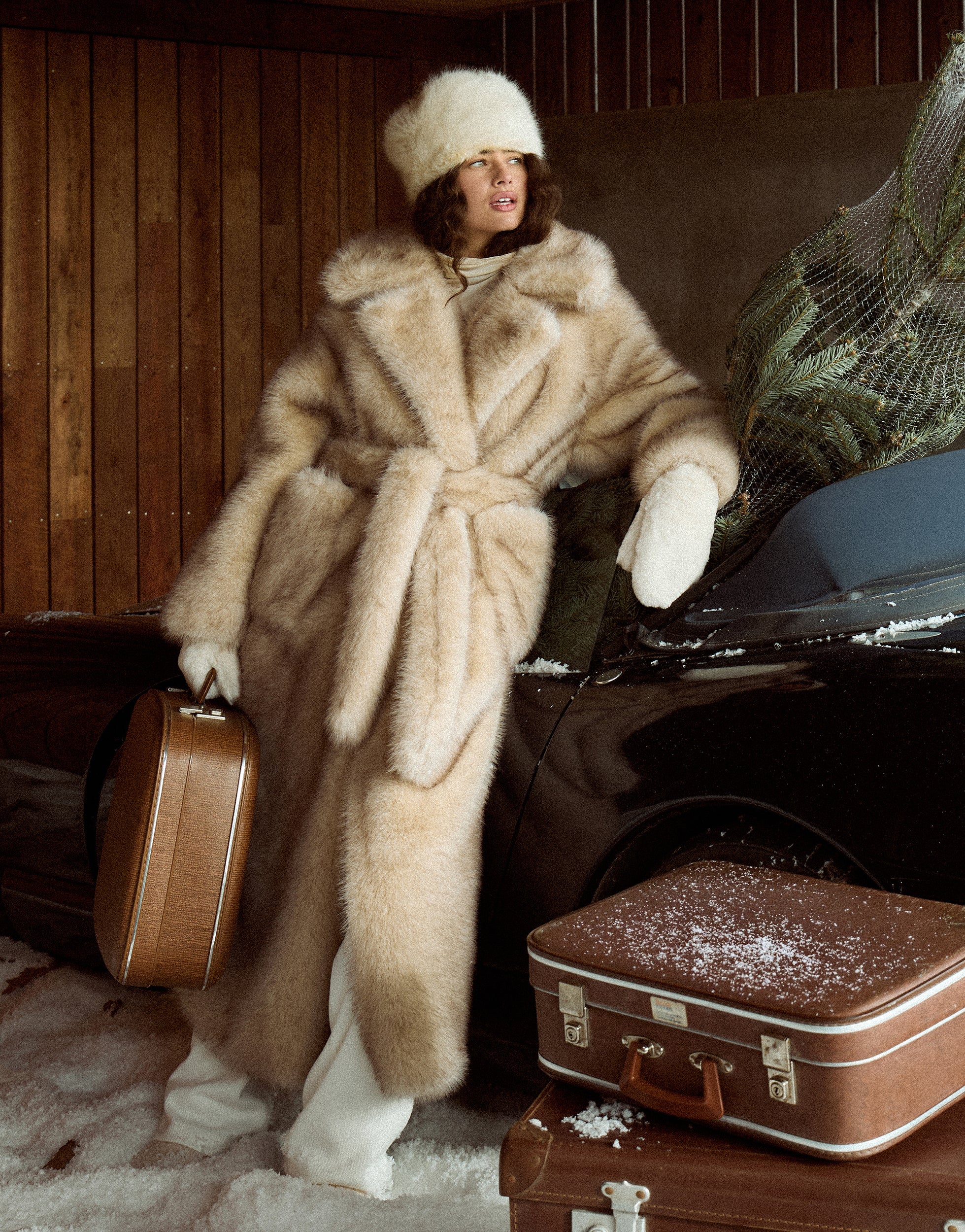 Beige Faux Fur Oversized Tie Waist Maxi Coat