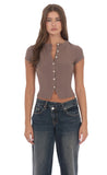 Ribbed Short Sleeve Button Top in Taupe