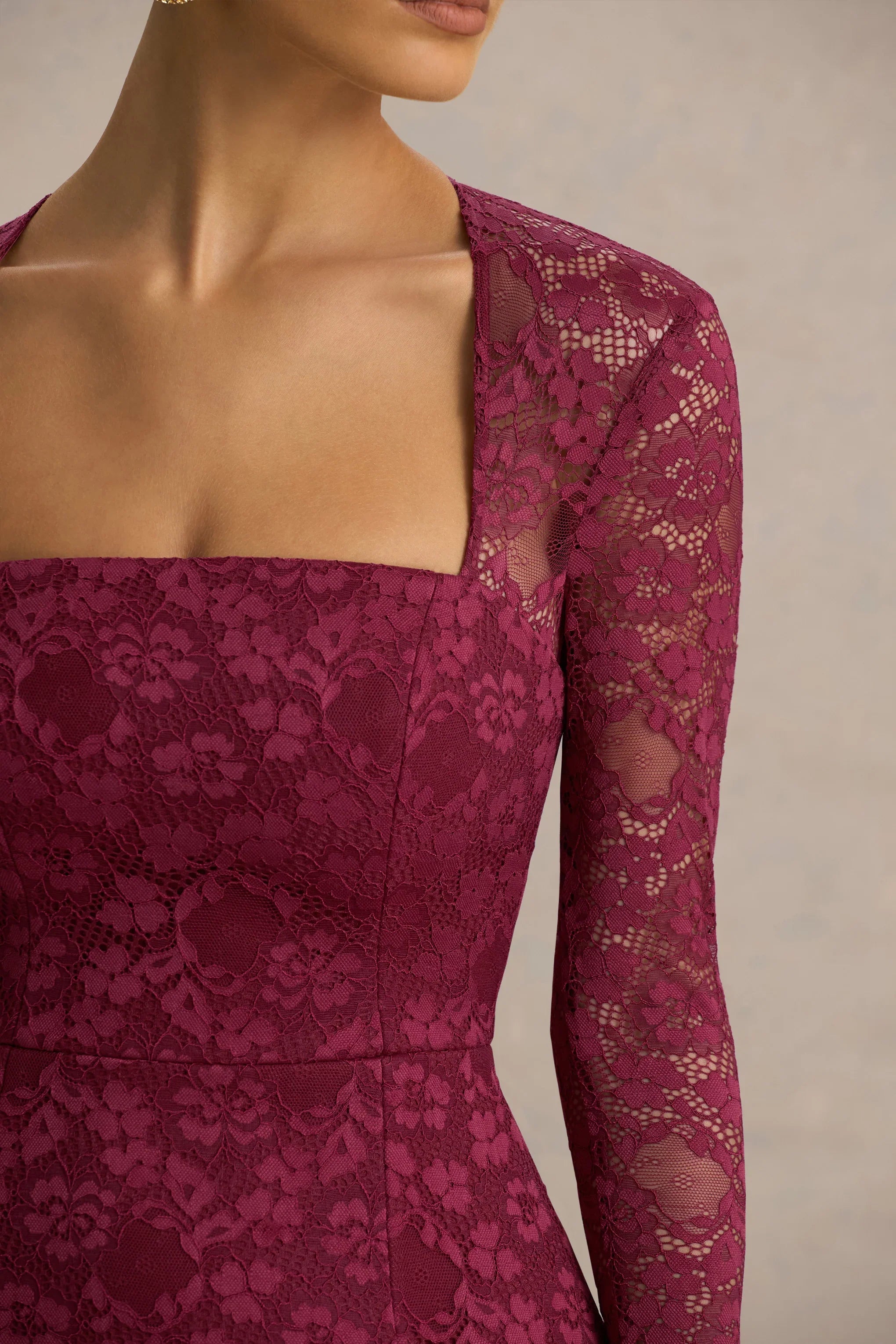 Bijou Burgundy Square Neck Lace Long Sleeve Mini Dress