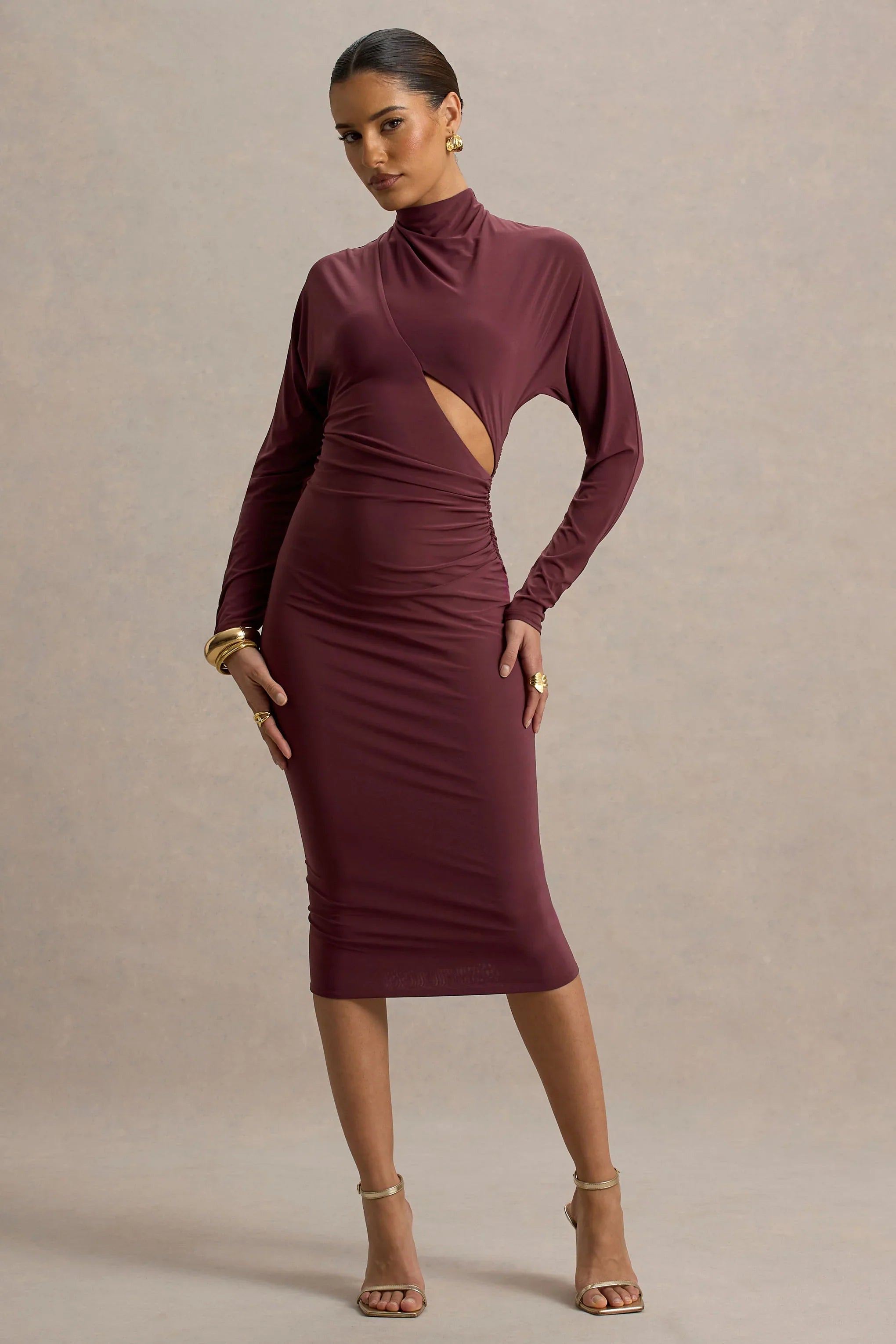 Pandora Burgundy Long Sleeve Midi Dress With Cut Out