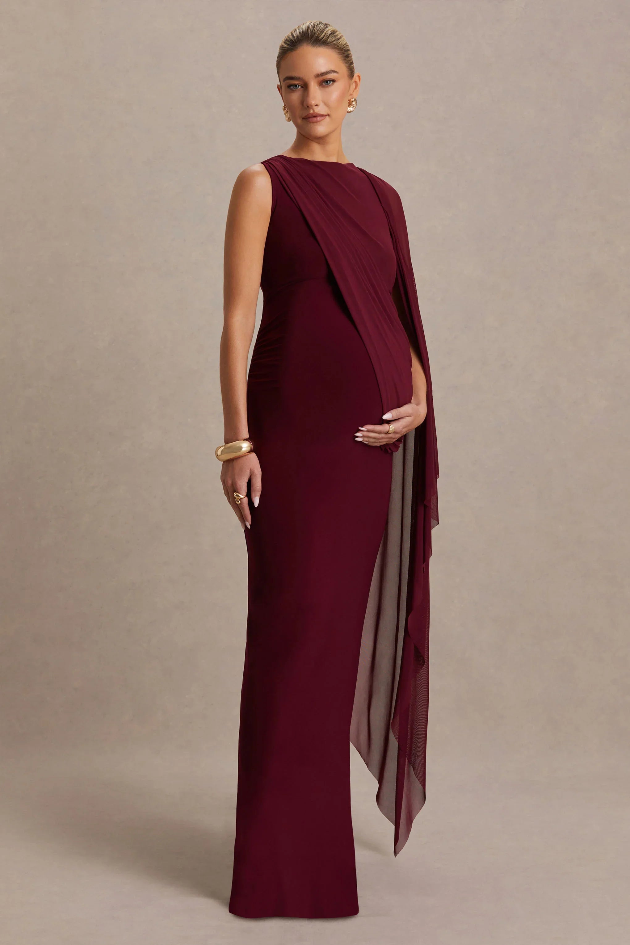 Cristina Burgundy Slashed Neck Maternity Maxi Dress With Cape Sleeve