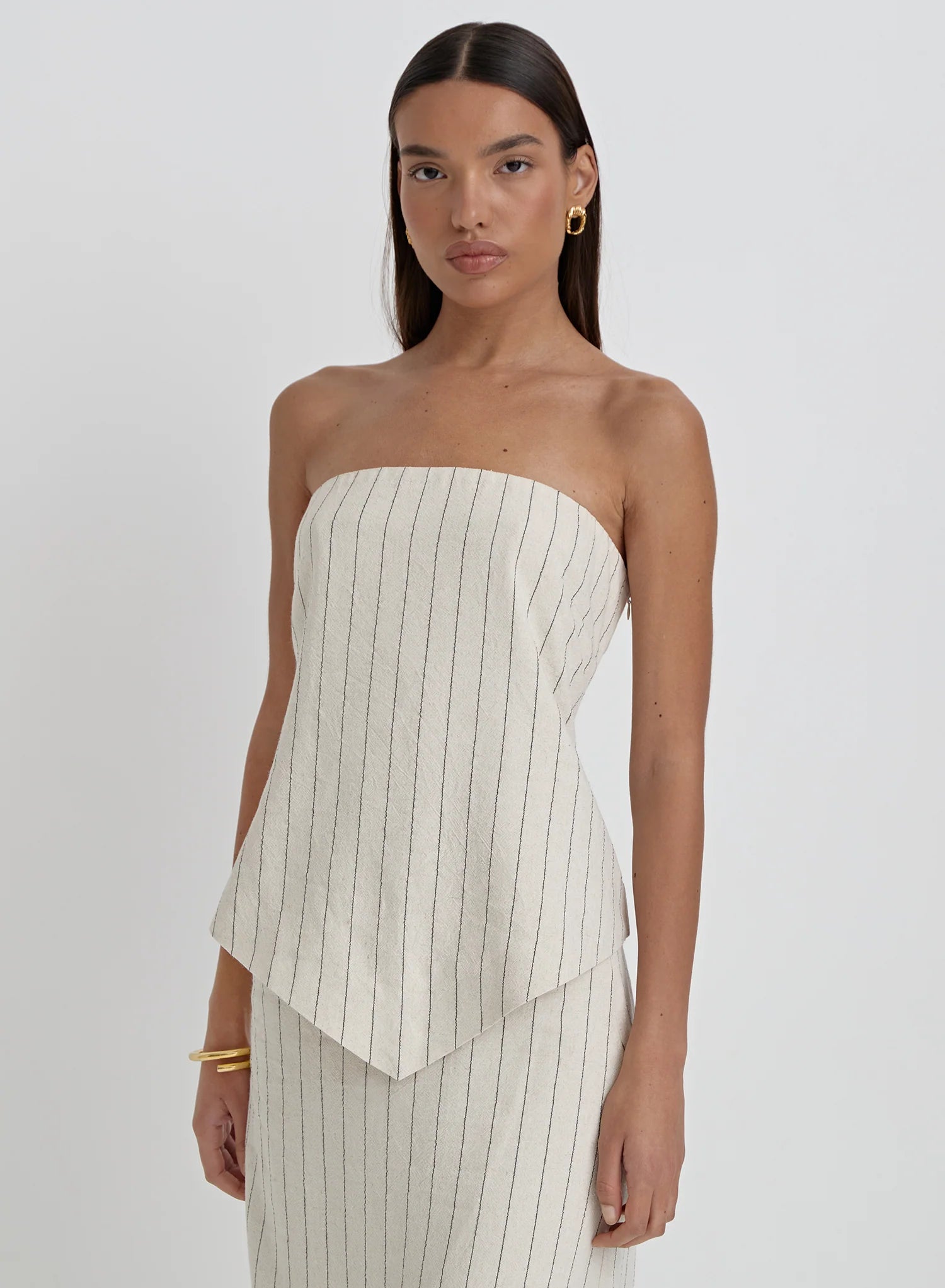 Beige Striped Linen Bandeau Top
