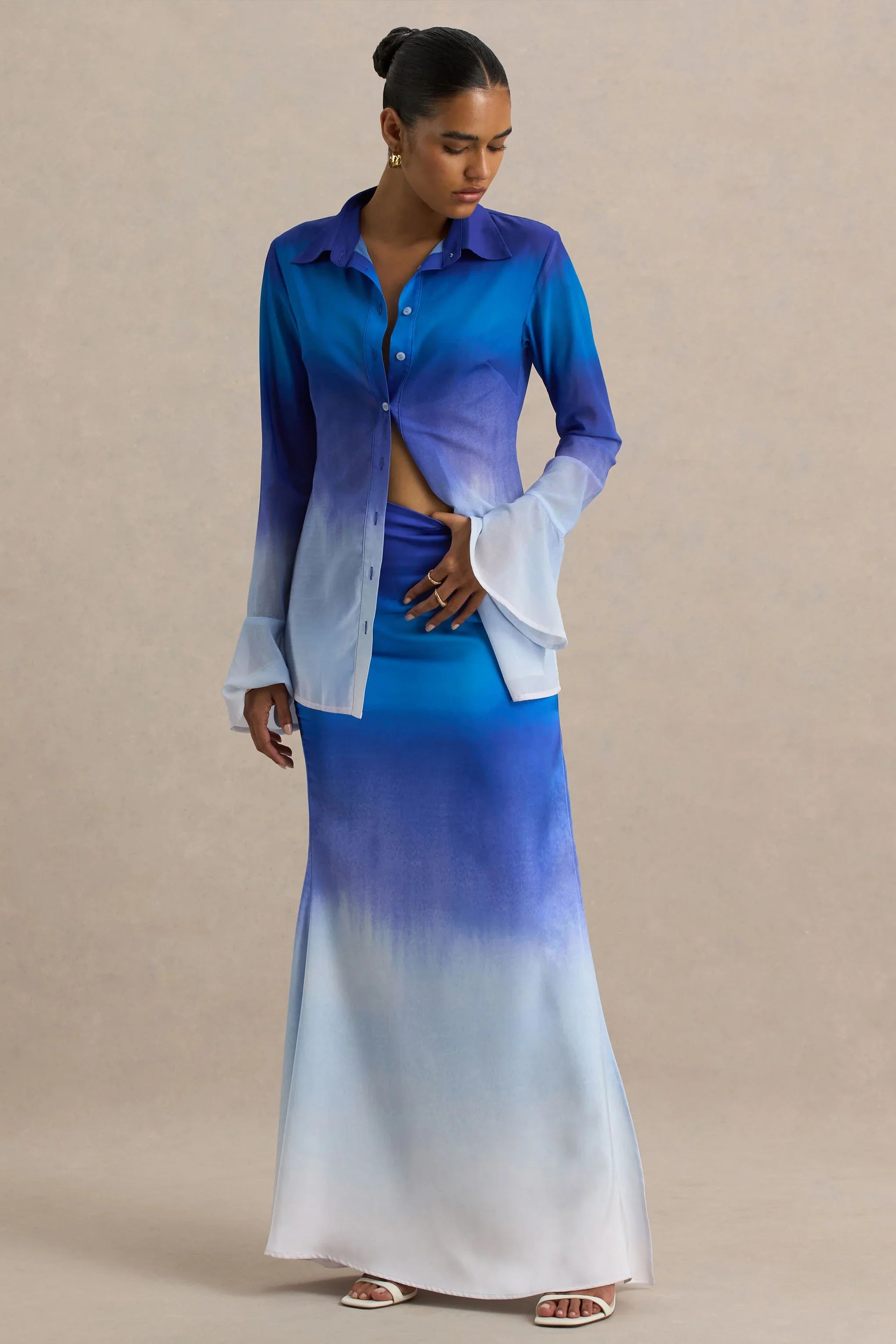 Serita Blue Ombre Satin Split Maxi Skirt