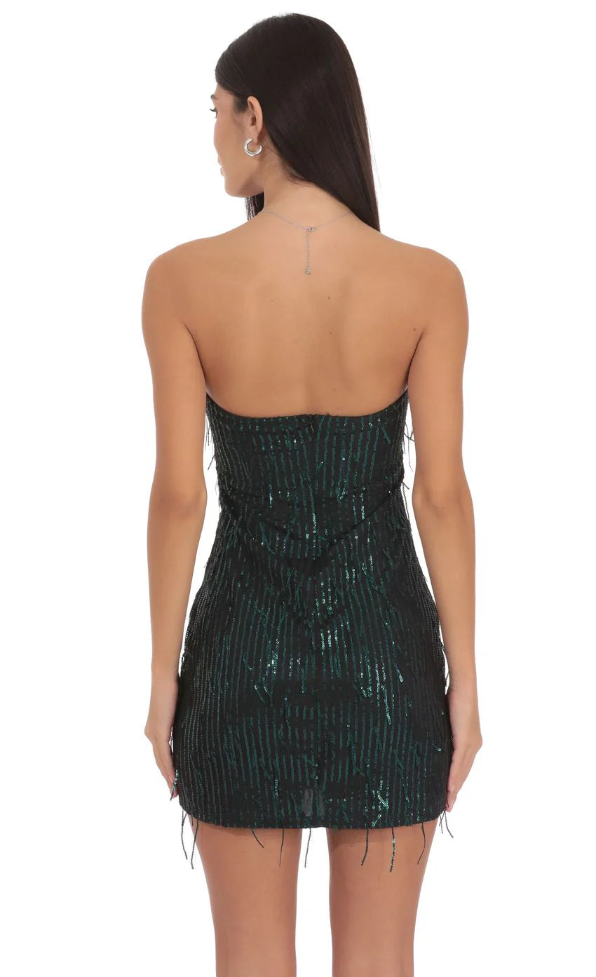 Strapless Green Sequin Fringe Dress in Black