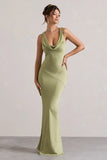 Alesso Light Olive Satin Cowl Neck Maxi Dress