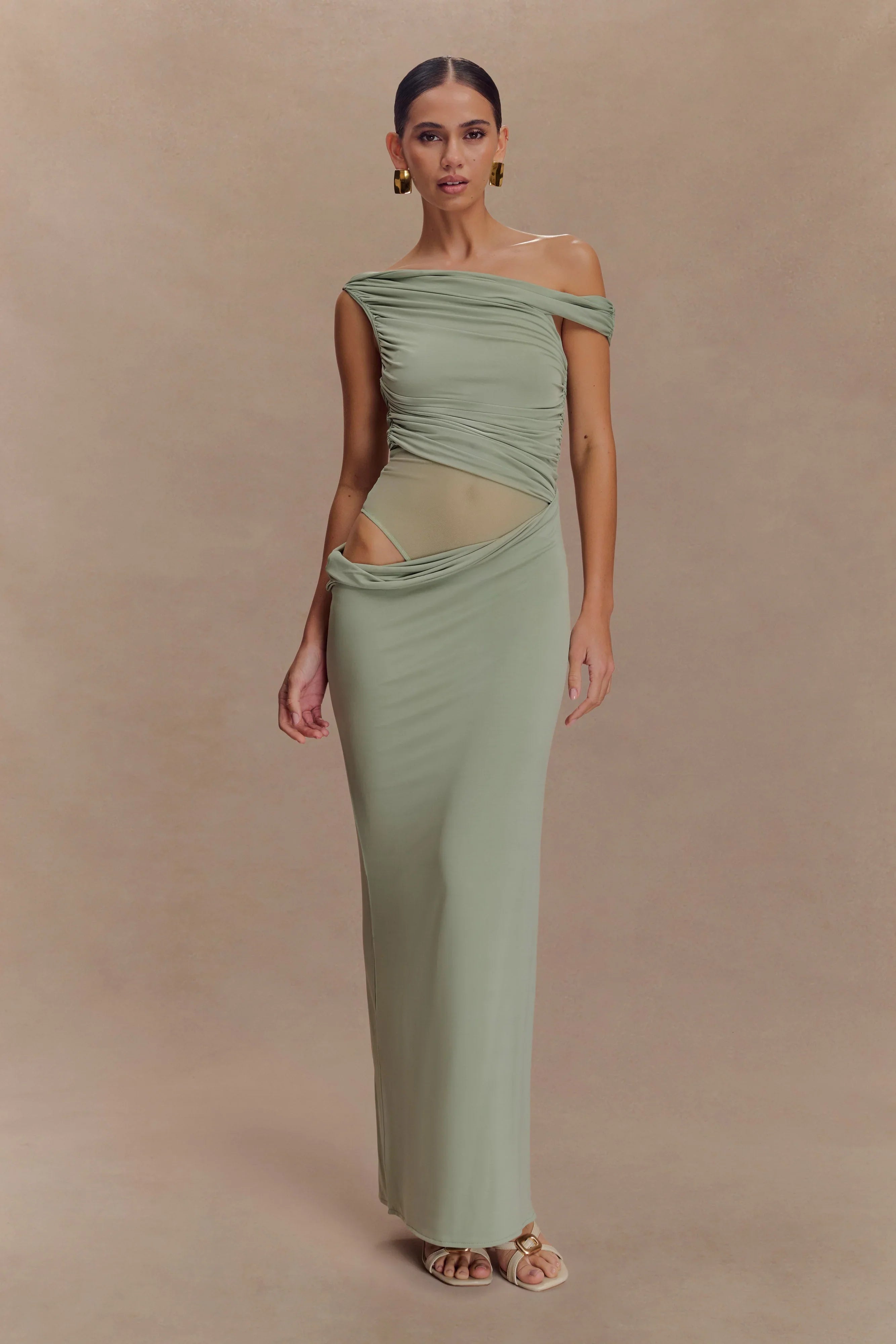 Callen One Shoulder Slinky Maxi Dress Sage
