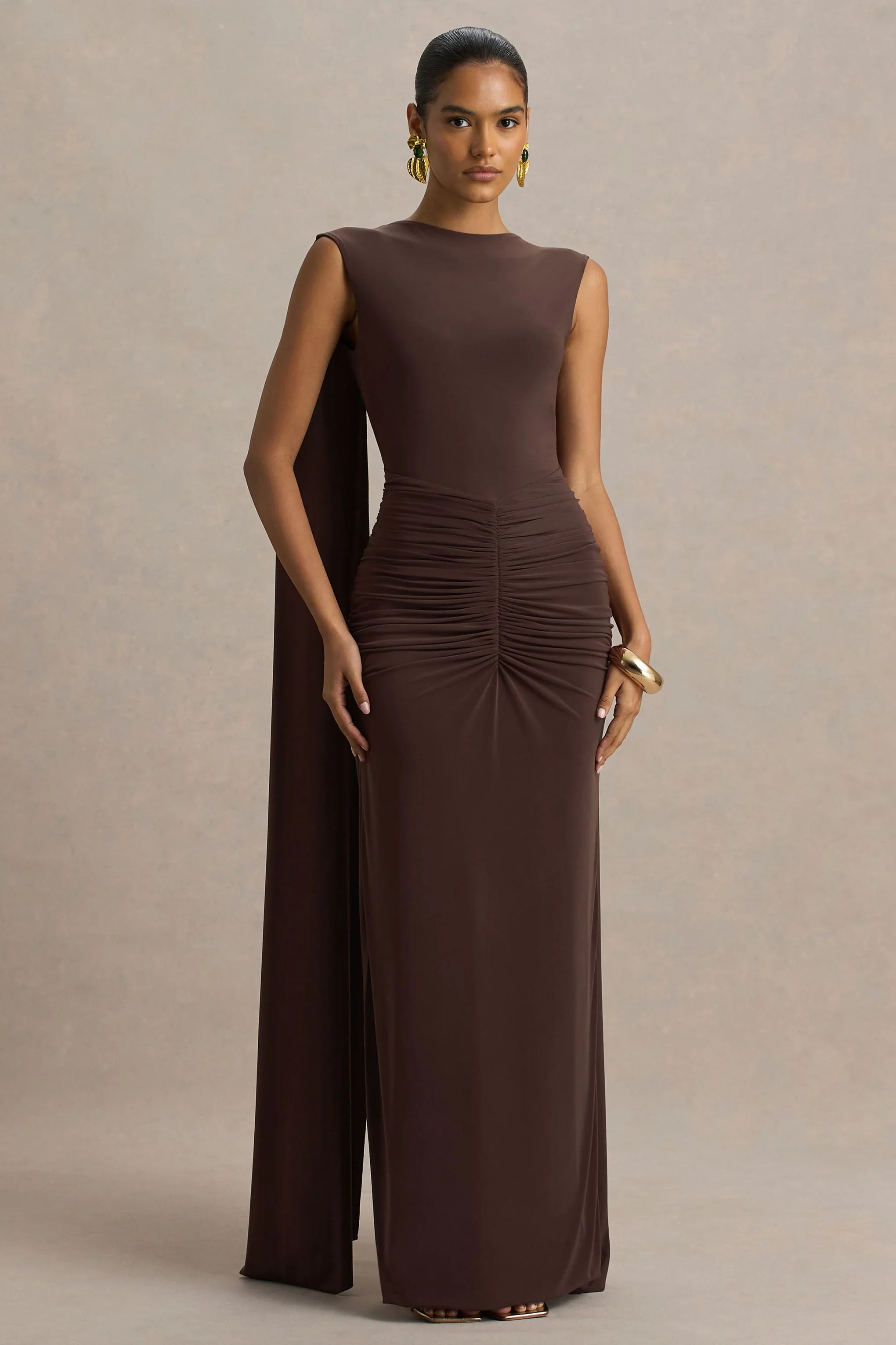 Premiere Brown Boat Neck Maxi Dress With Cape Sleeves And Open Back