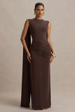 Premiere Brown Boat Neck Maxi Dress With Cape Sleeves And Open Back