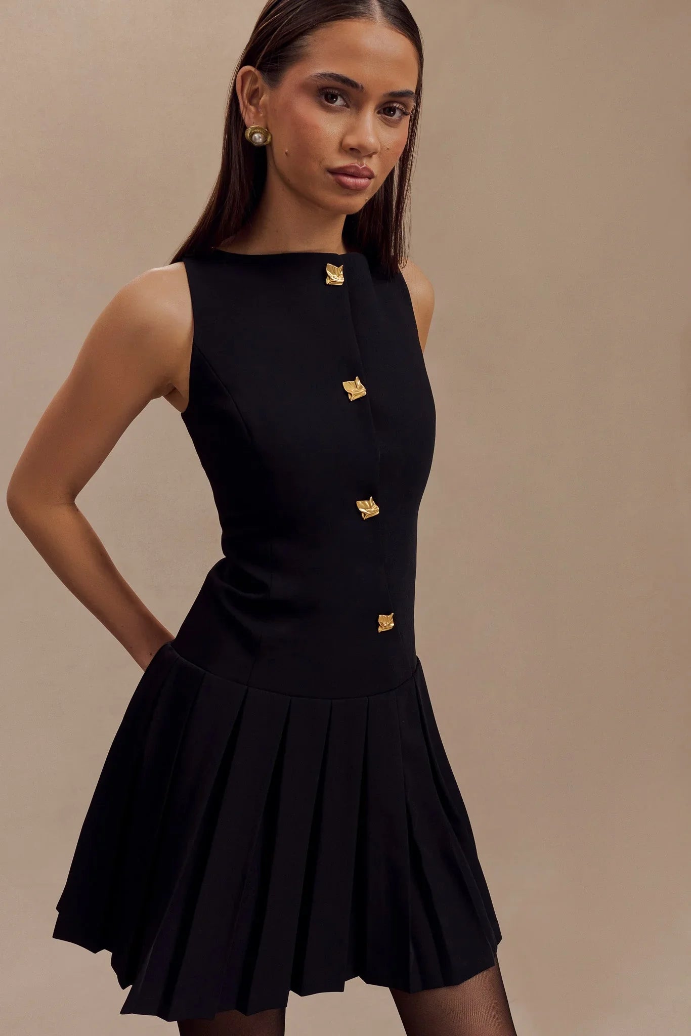 Mackenzie Sleeveless Pleated Mini Dress Black