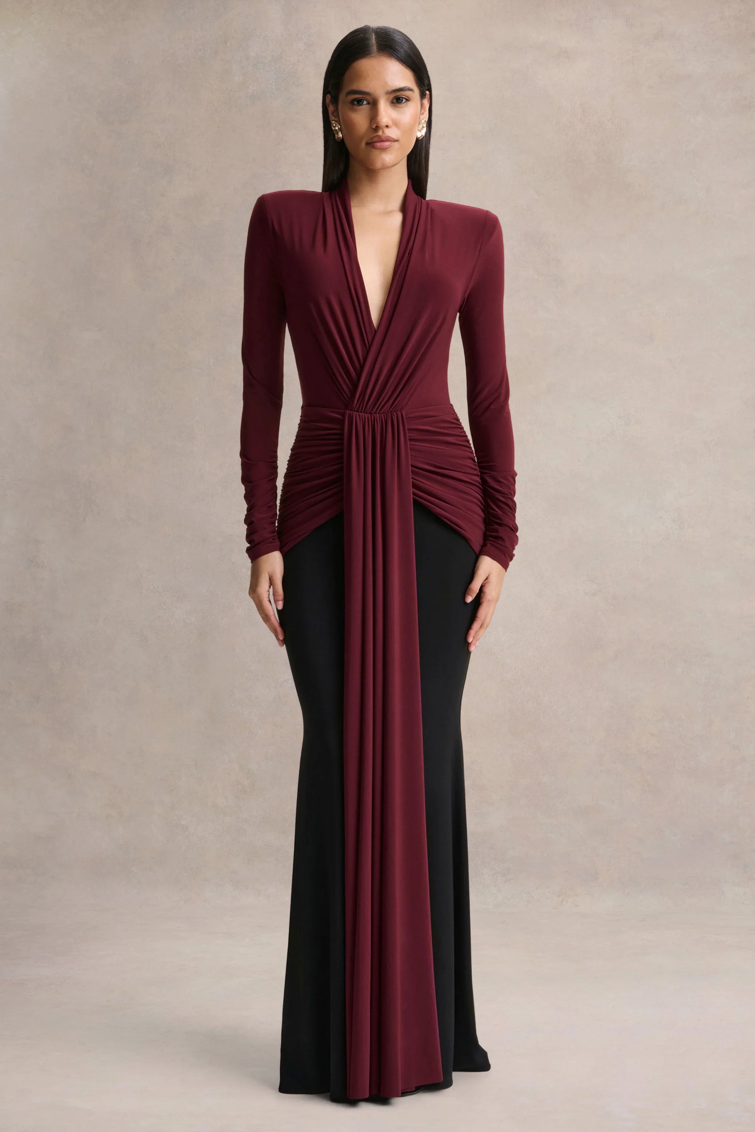 Halston Burgundy And Black Plunge Neck Maxi Dress With Gathered Detailing