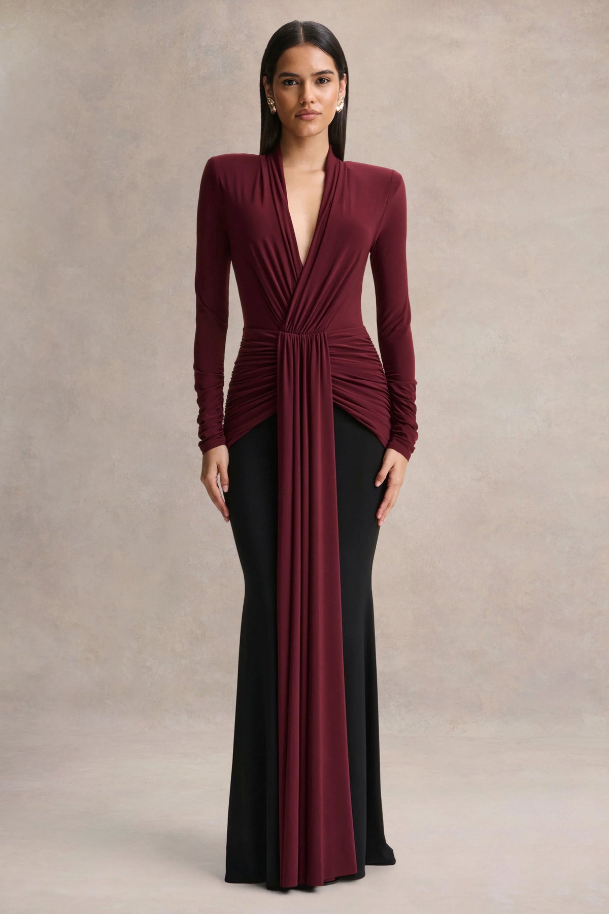 Halston Burgundy And Black Plunge Neck Maxi Dress With Gathered Detailing