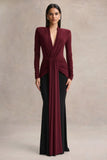 Halston Burgundy And Black Plunge Neck Maxi Dress With Gathered Detailing
