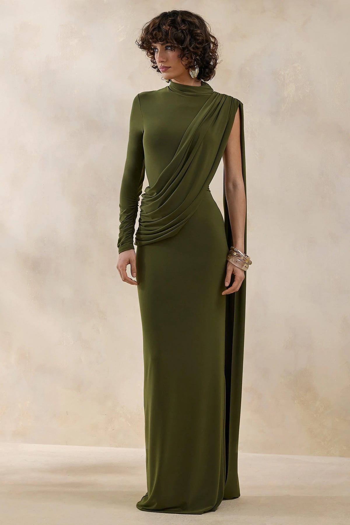 Oliria Olive High Neck Maxi Dress With One Long Sleeve And Sash Detail