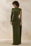 Oliria Olive High Neck Maxi Dress With One Long Sleeve And Sash Detail