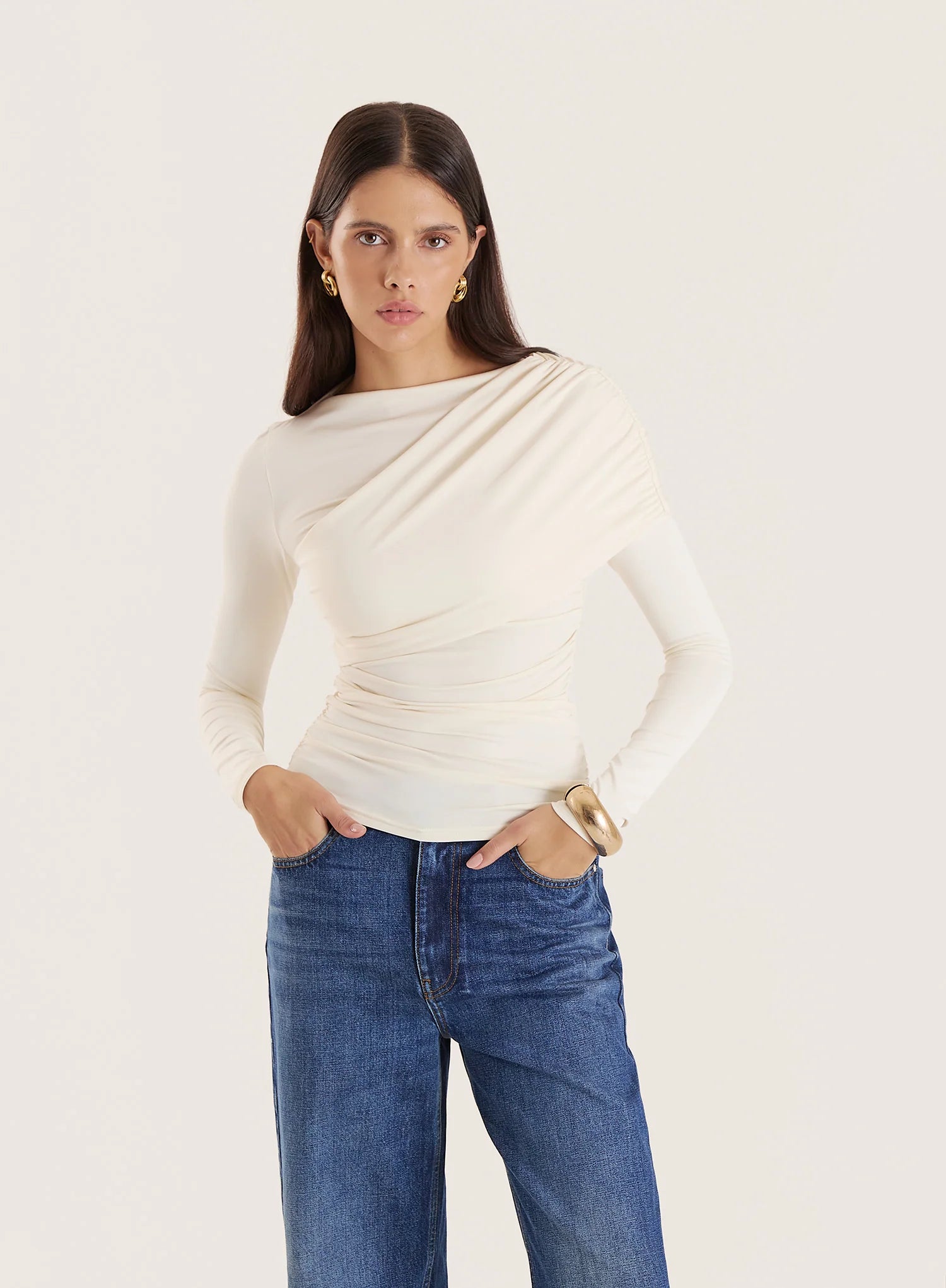 Off White Long Sleeved Drape Top
