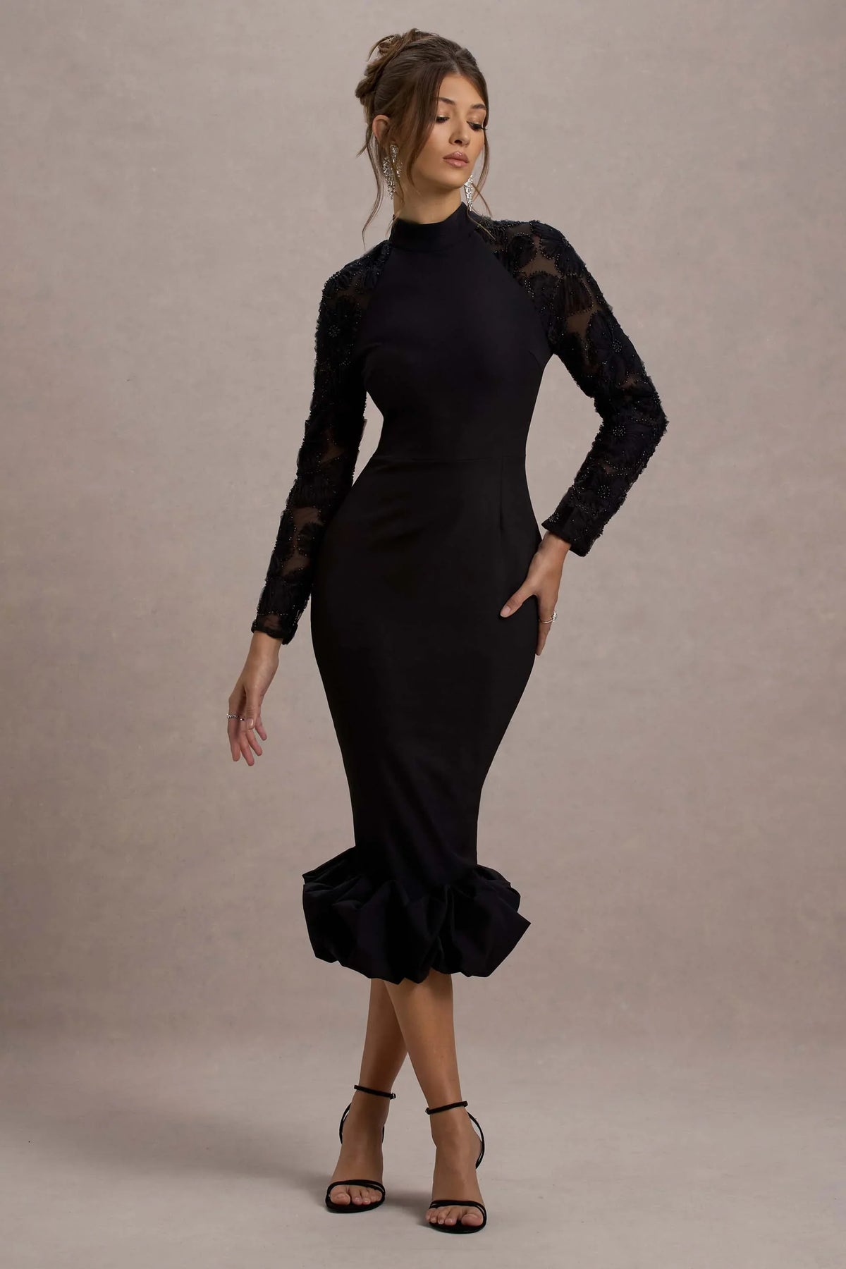Chandra Black Mesh Long Sleeve Midi Dress With Ruffle Hem
