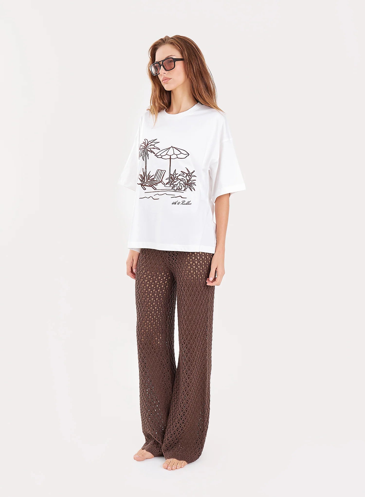 White Beach Embroidered Graphic Cotton T Shirt