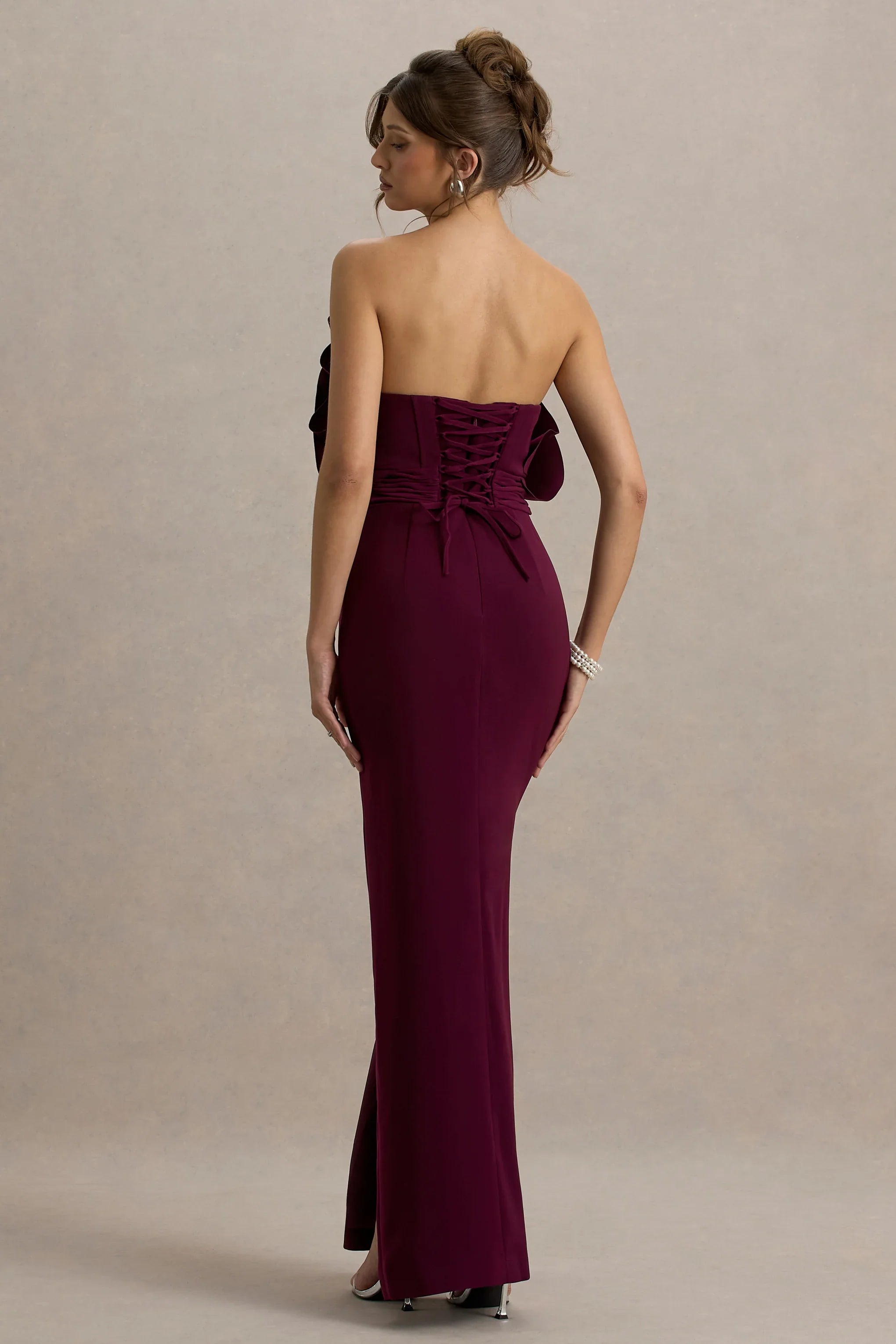 Set The Bar Plum Ruffled Strapless Split Maxi Dress