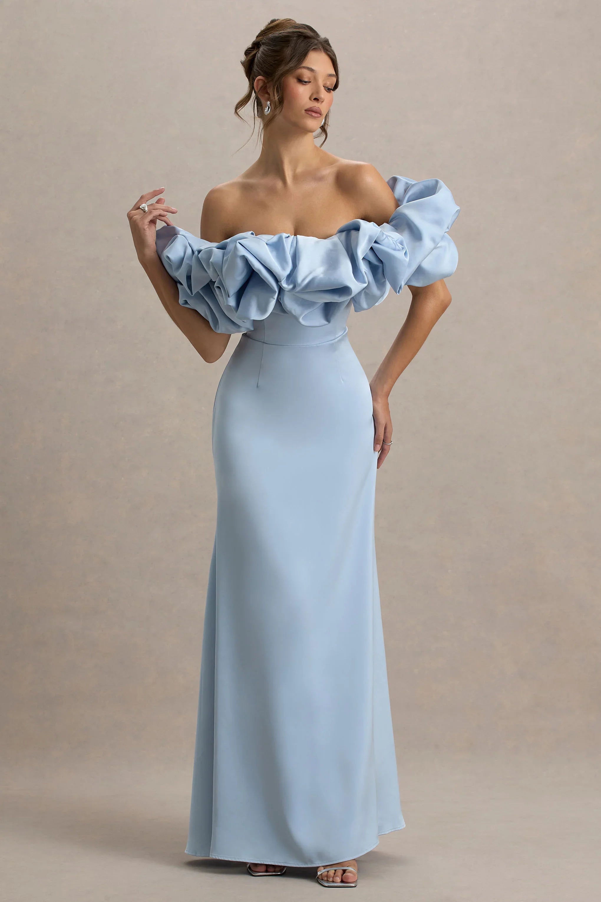 Allie Powder Blue Puff Bardot Maxi Dress