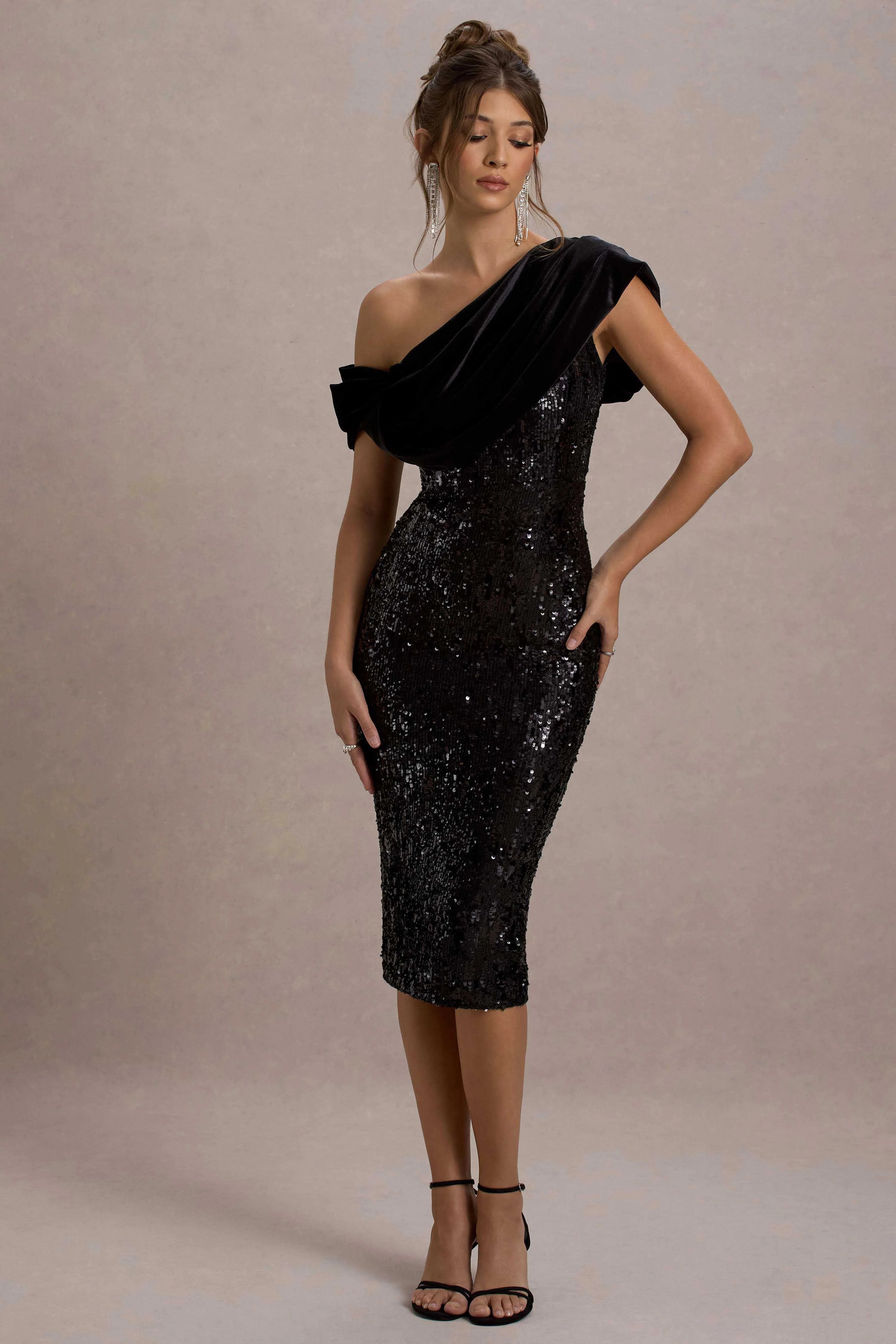 Volute Black Sequin One Shoulder Draped Midi Dress