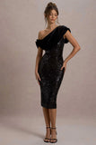 Volute Black Sequin One Shoulder Draped Midi Dress