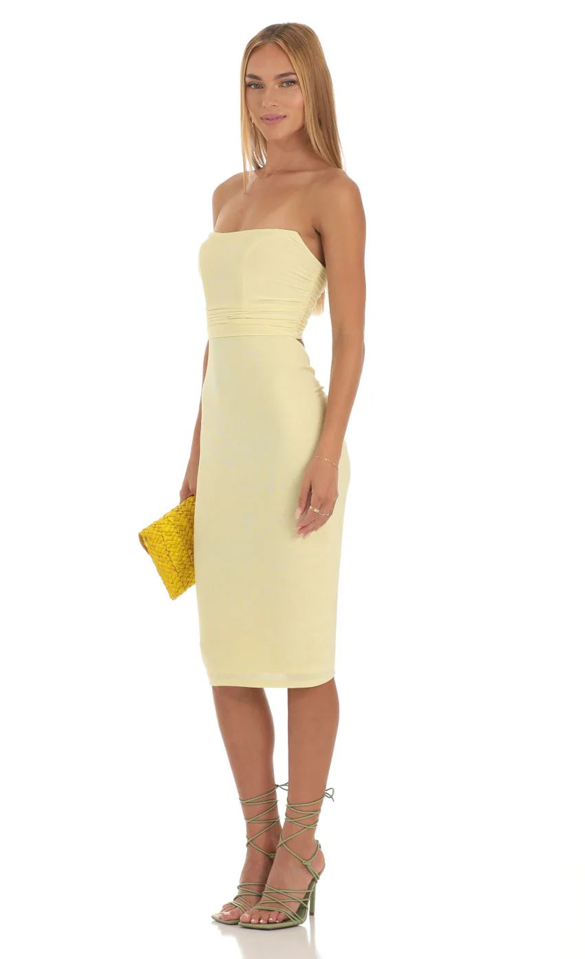 Corset Strapless Midi Dress in Yellow