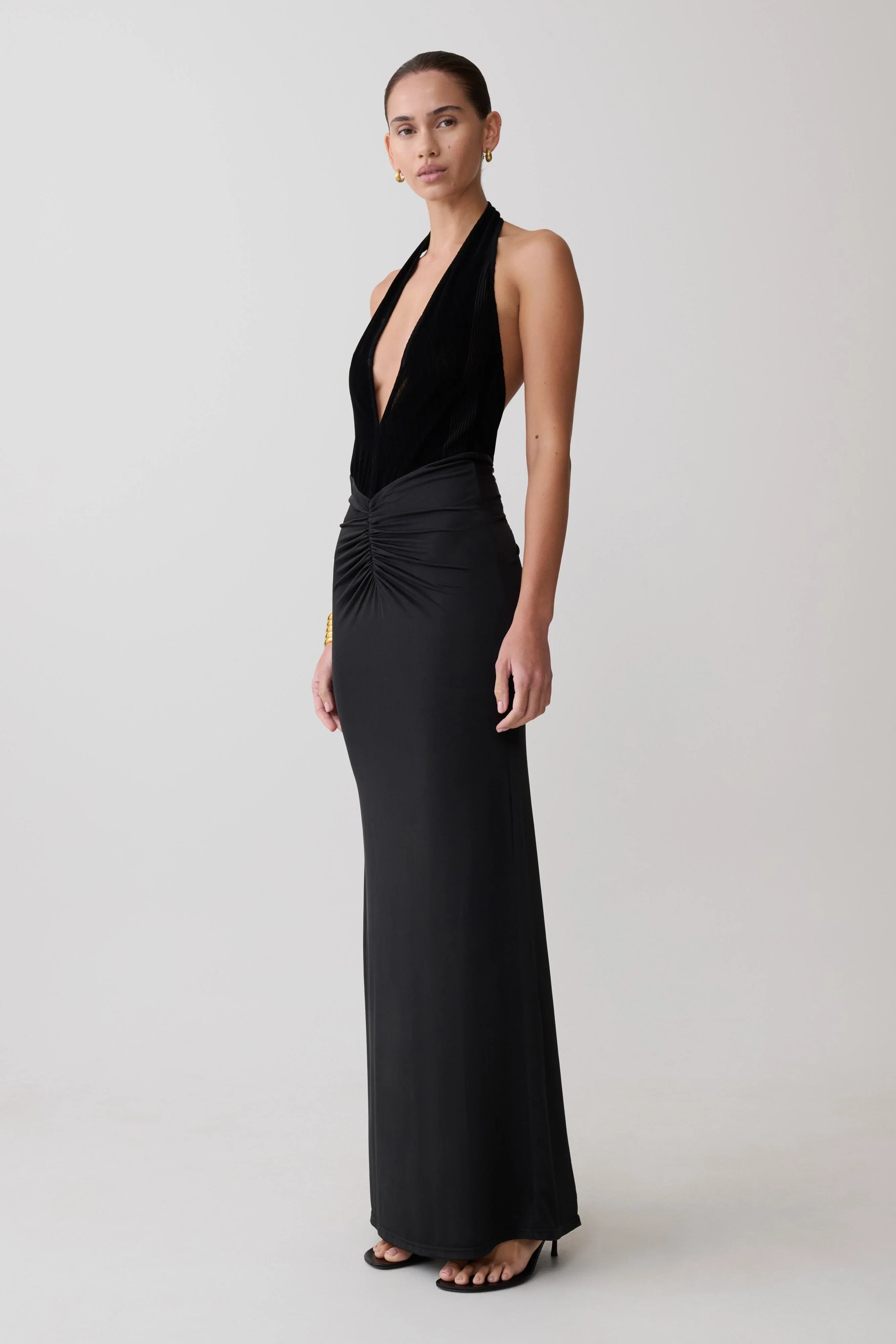 Lien Mesh Velvet Plunge Midi Dress Black