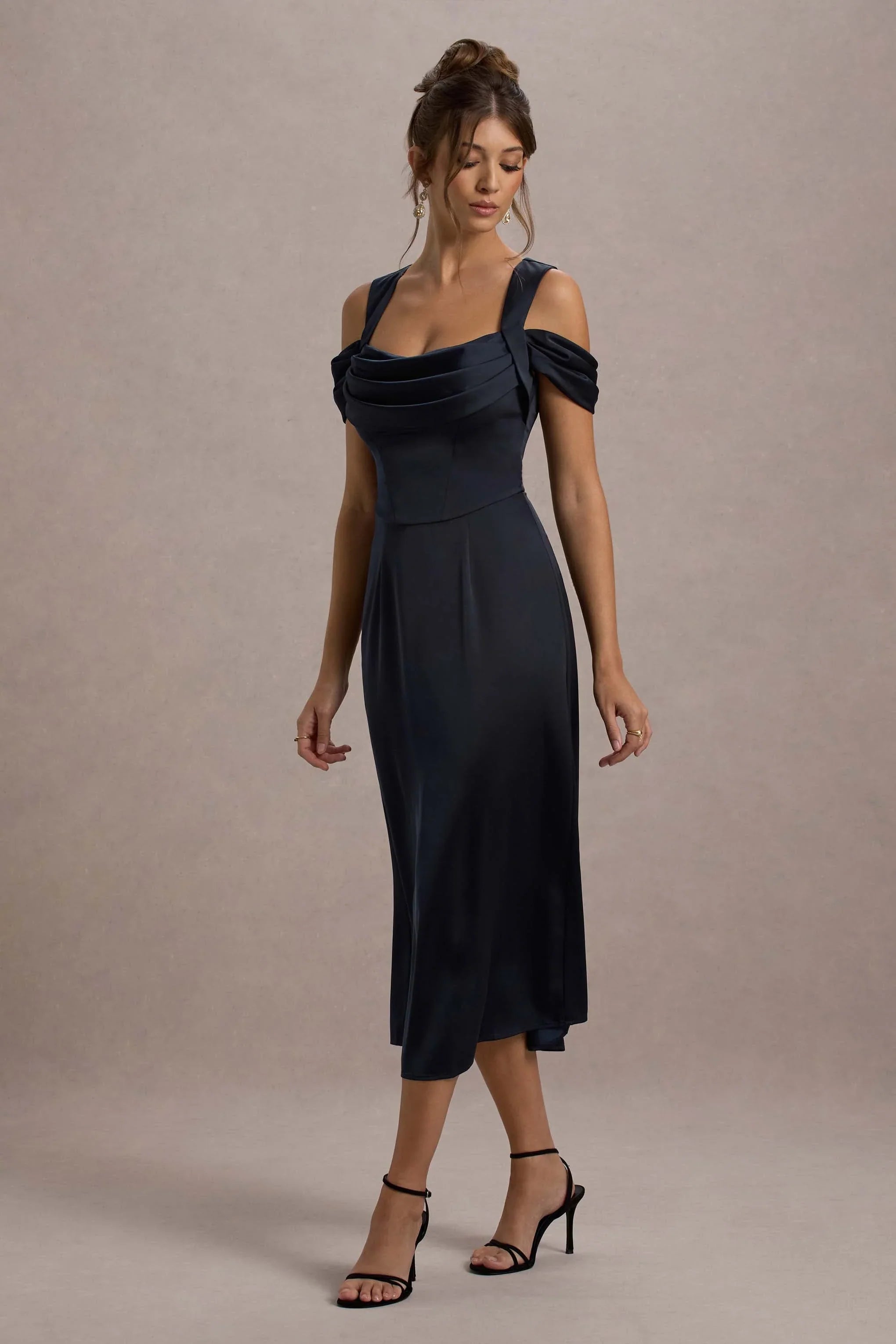 Sawyer Navy Satin Draped Midi Dress