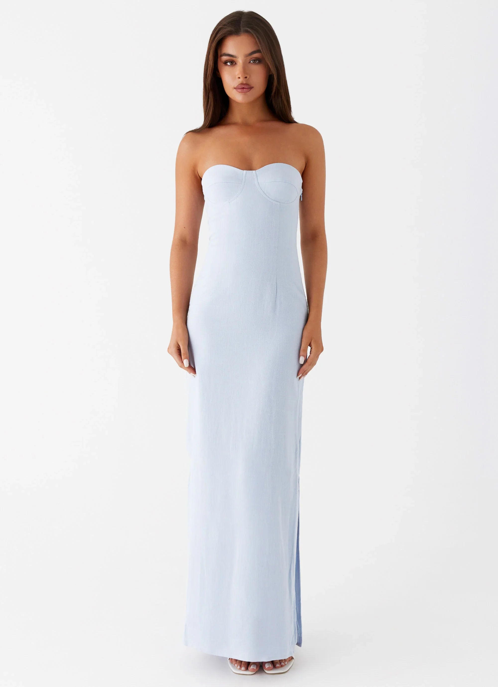 Esra Linen Strapless Maxi Dress Blue