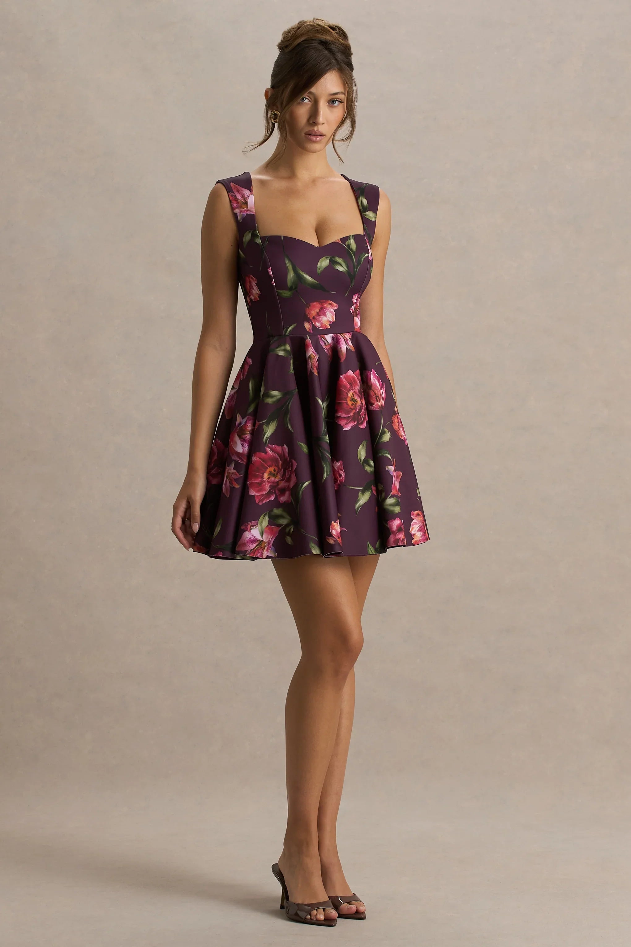 Magic Burgundy Floral Print Sweetheart Neck Mini Dress