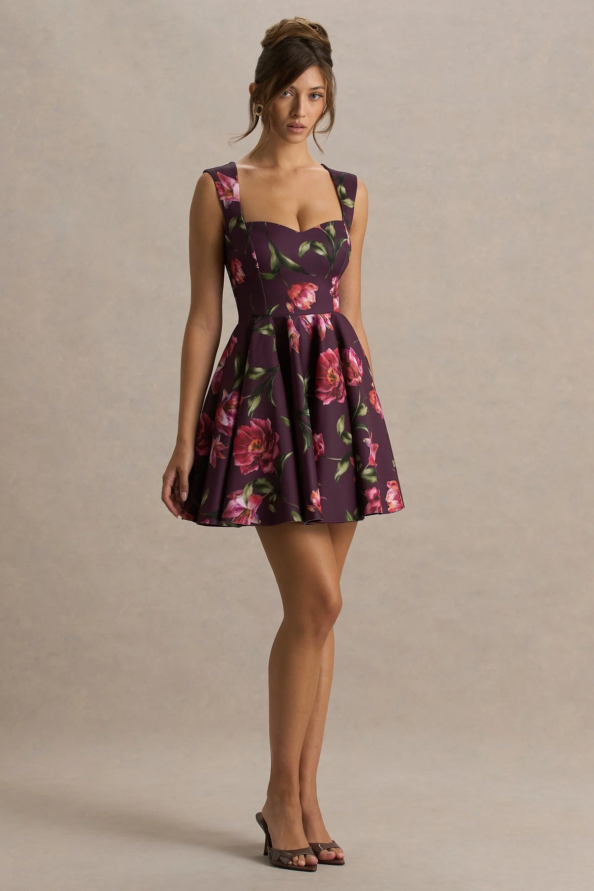 Magic Burgundy Floral Print Sweetheart Neck Mini Dress