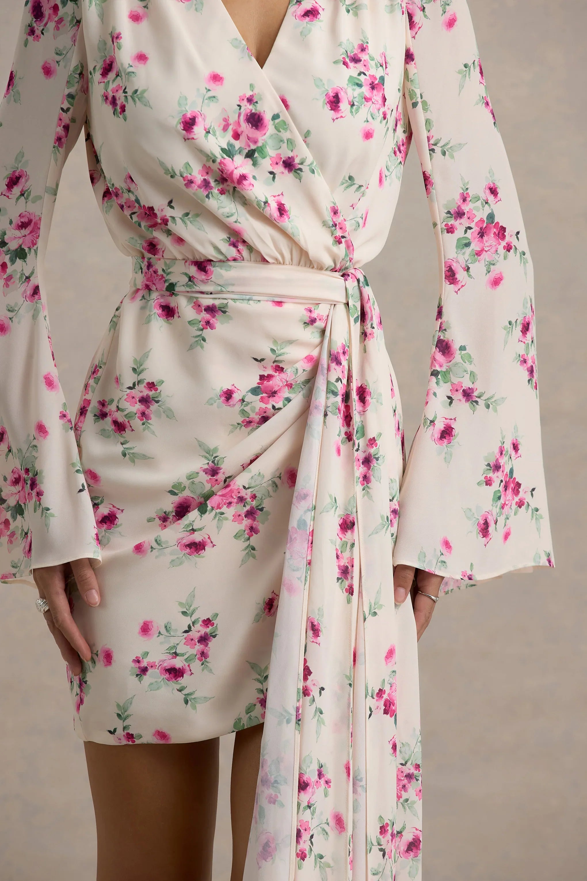 Goldie Cream Floral Print Chiffon Long Sleeve Wrap Mini Dress