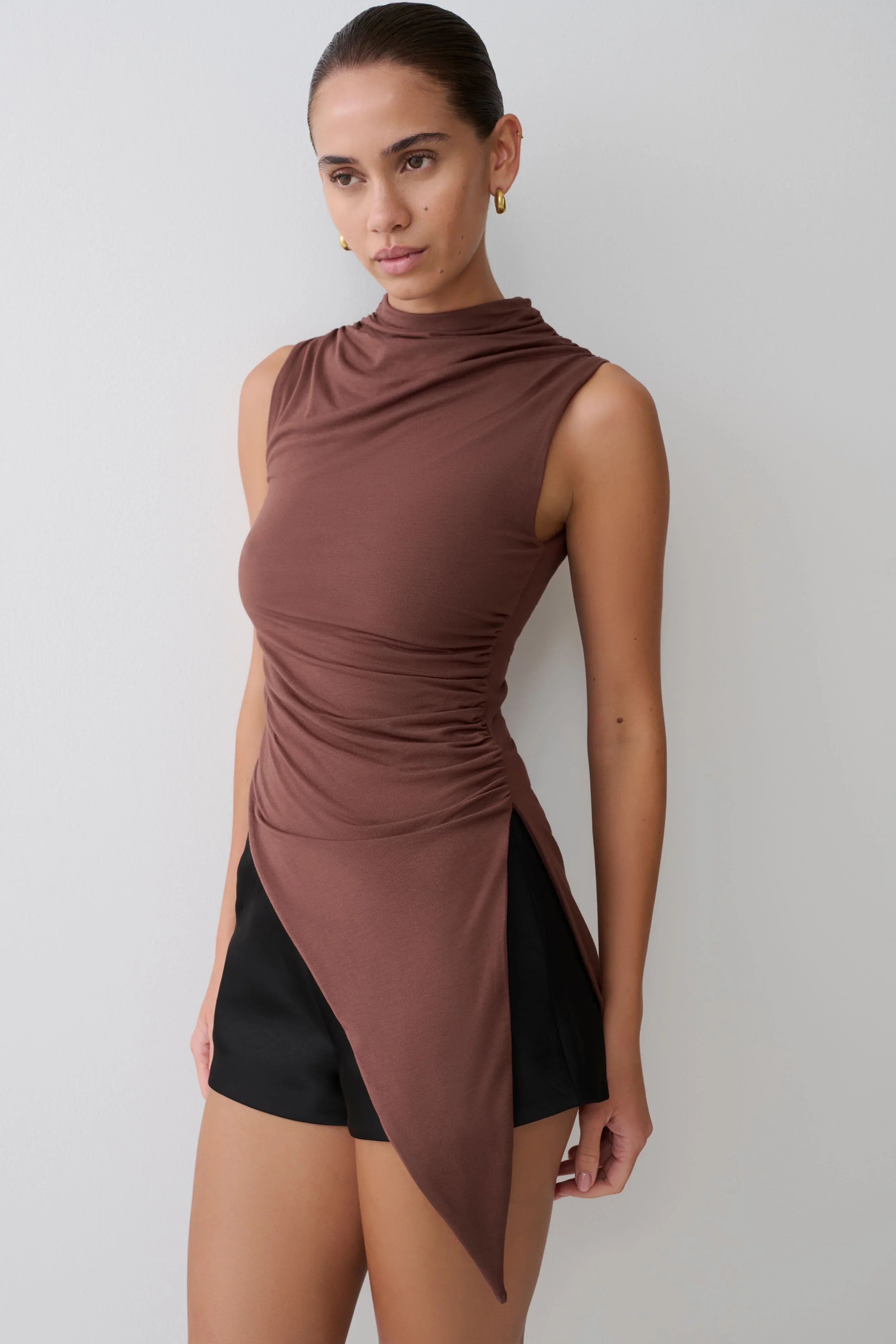 Suong High Neck Gathered Top Mocha