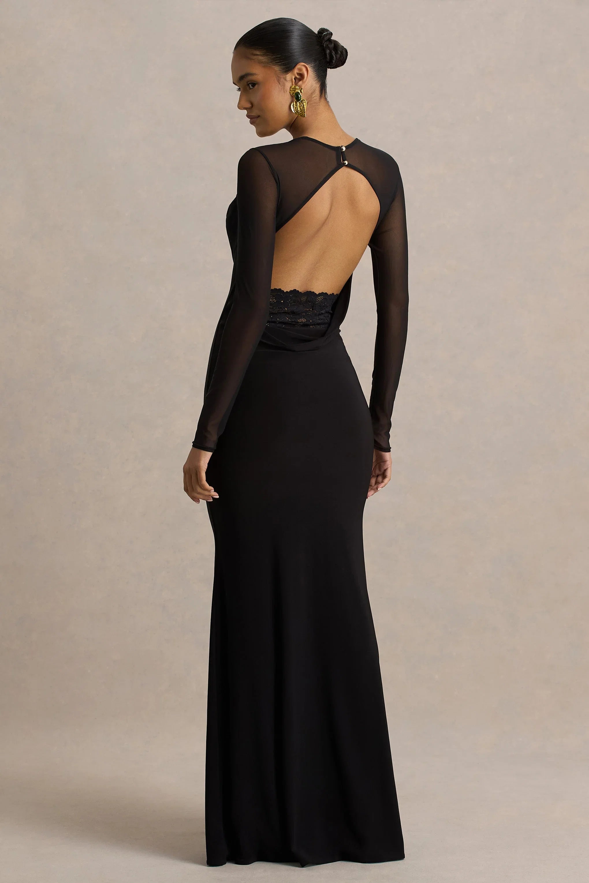 Bethan Black Cowl Neck Maxi Dress With Mesh Sleeves And Open Back