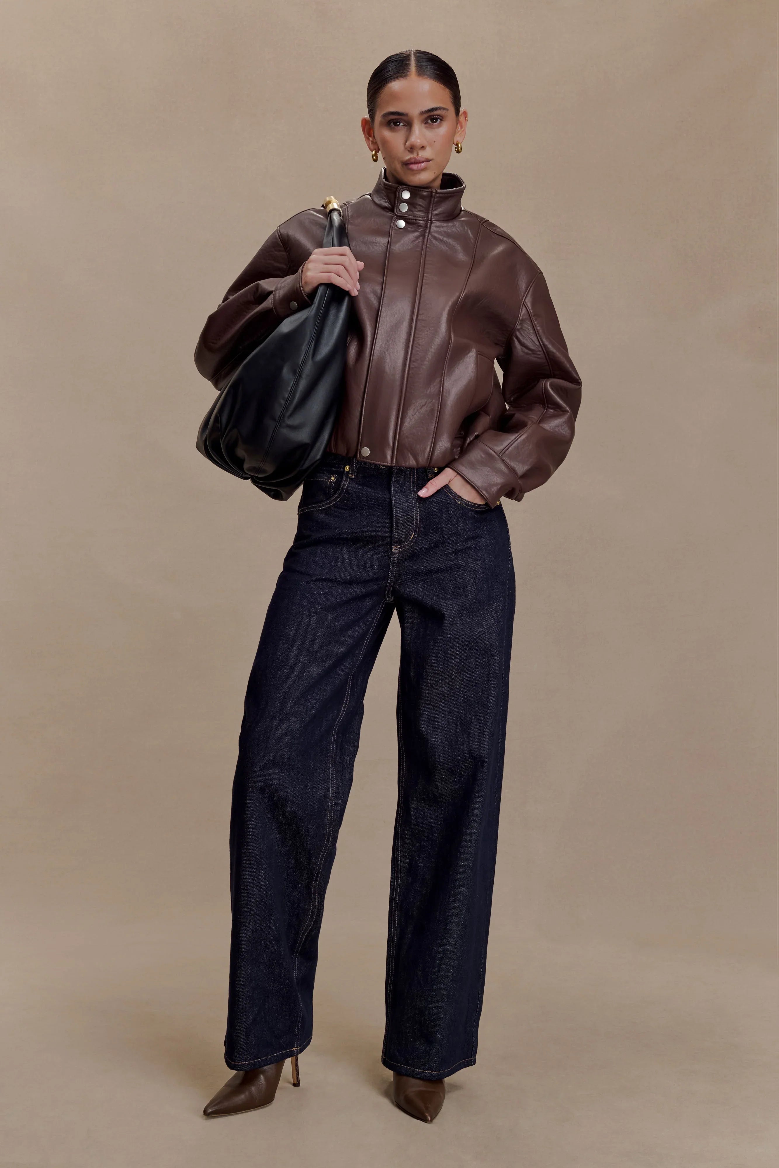 Curtis Faux Leather Bomber Jacket Dark Chocolate