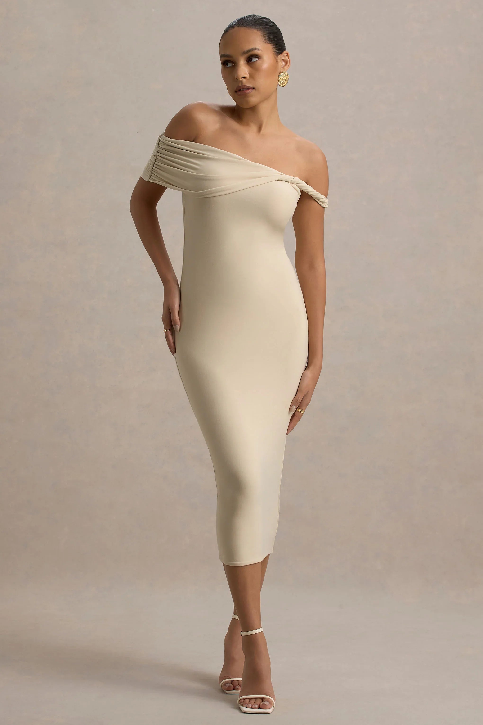 Skye Sand Twisted Bardot Midi Dress