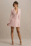Blossoming Baby Pink Plunge Neck Tailored Mini Dress With Pleating