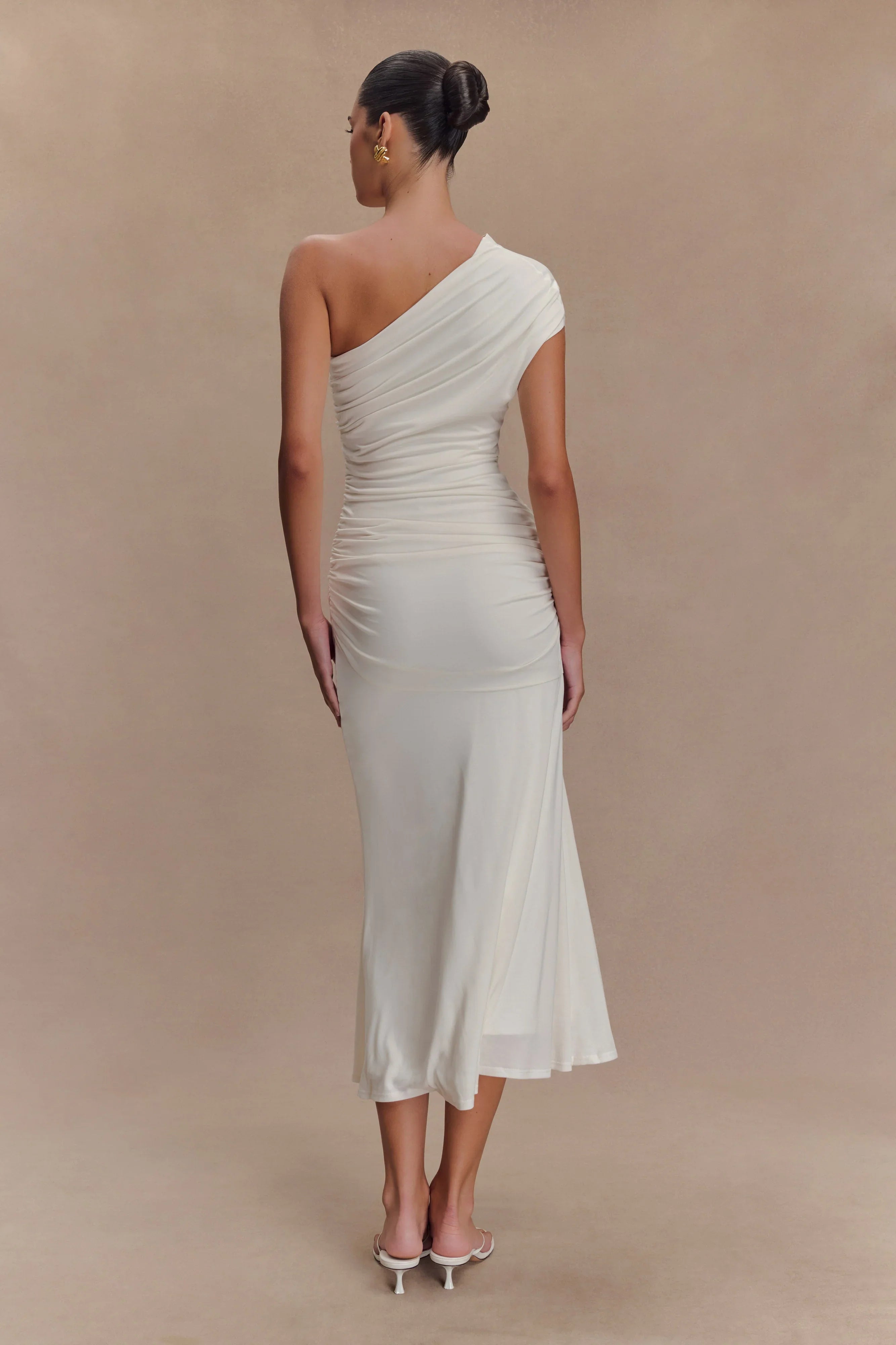 Chloe Peached Jersey One Shoulder Midi Dress Ivory